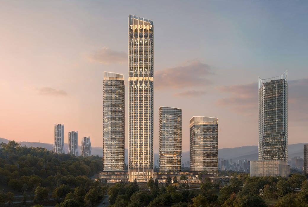 Trump Tower Tbilisi на закате — центральная башня квартала Downtown Tbilisi у Центрального парка